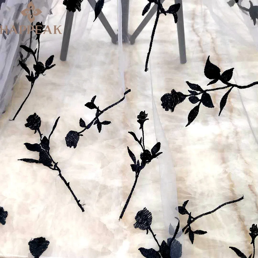 HAPPEAK simple elegant embroidery black rose tulle embroidered fabric for dress