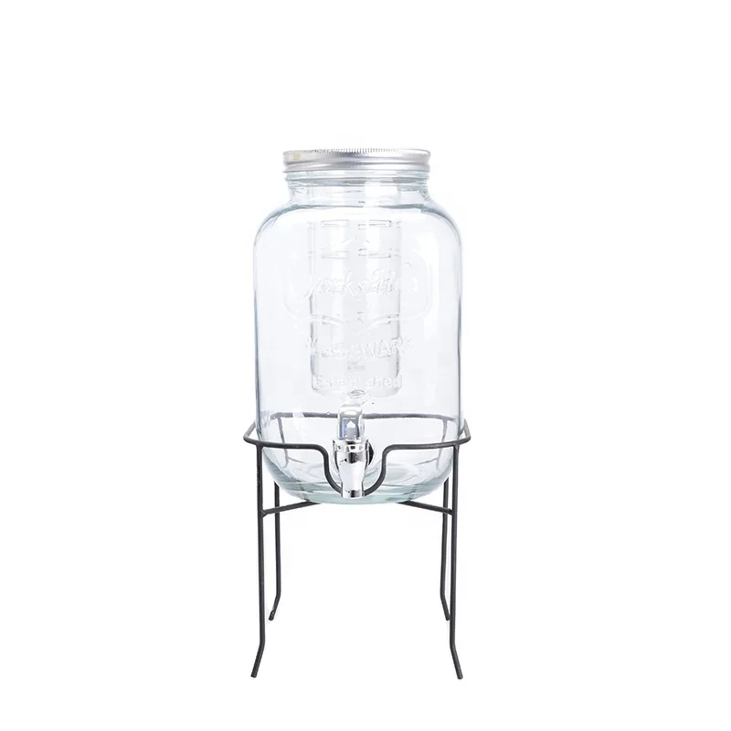 1 Gallon Drink Dispenser Glass Beverage Dispenser with Stainless Steel Spigot and Ice Cylinder for Tea Lemonade Cold Water