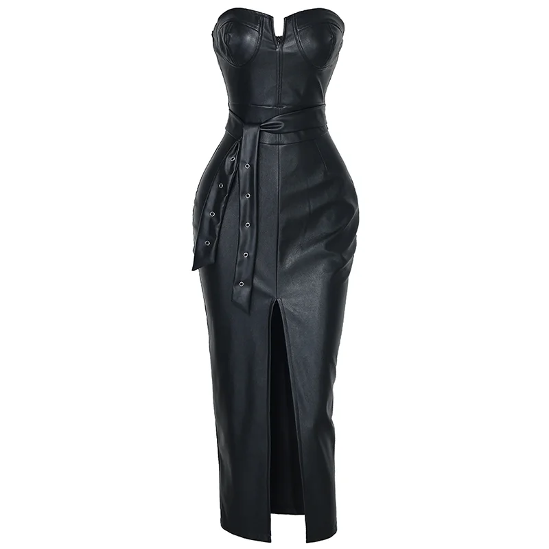Hot Sale Strapless Black PU Leather Maxi Dress Sexy Backless Tight Evening Dress Outfits Sexy Bodycon PU Leather Club Dresses