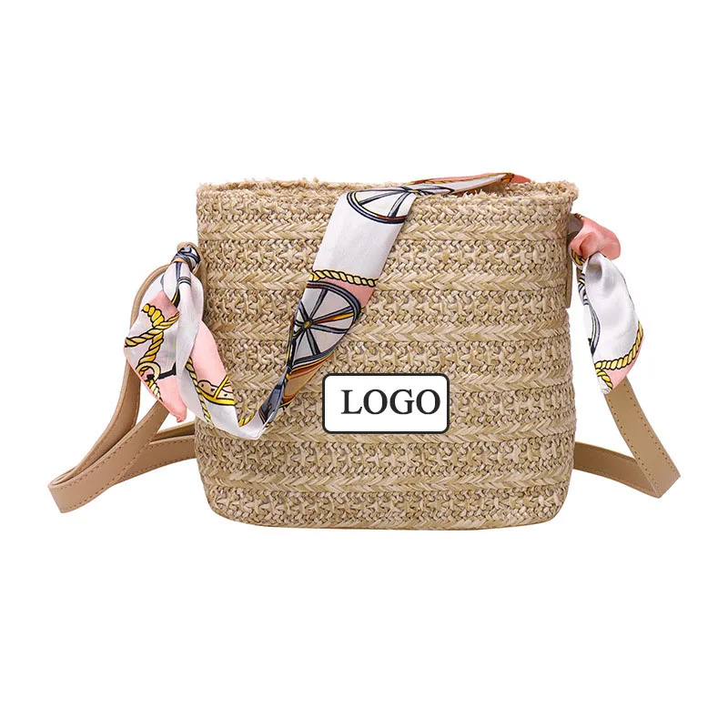 Spring & Summer Beach Messenger Straw Tote Bag With Adjustable PU Leather Shoulder Strap Scarves Decoration Trendy Straw Bag