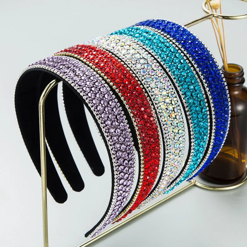 Women Fashion Full Colorful Diamond Hairband Hair Hoop Baroque 25mm Wide Bling Rhinestone Hairband Girls Headbands