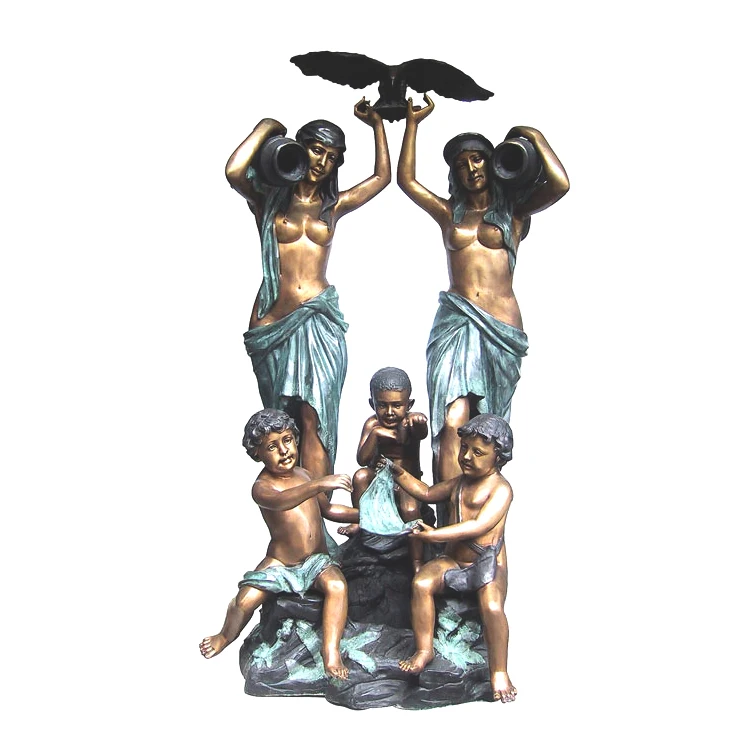Outdoor Custom Design Hand Carved Casting Copper Bronze Nude Lady and Baby with eagle Statue Water fountain sculpture