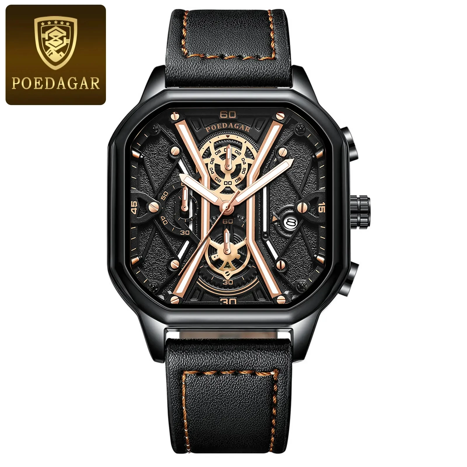 2023 New POEDAGAR 922 Luxury Watch Business Waterproof Male Clock Luminous Date Leather Strap Square Quartz Men Watch rel