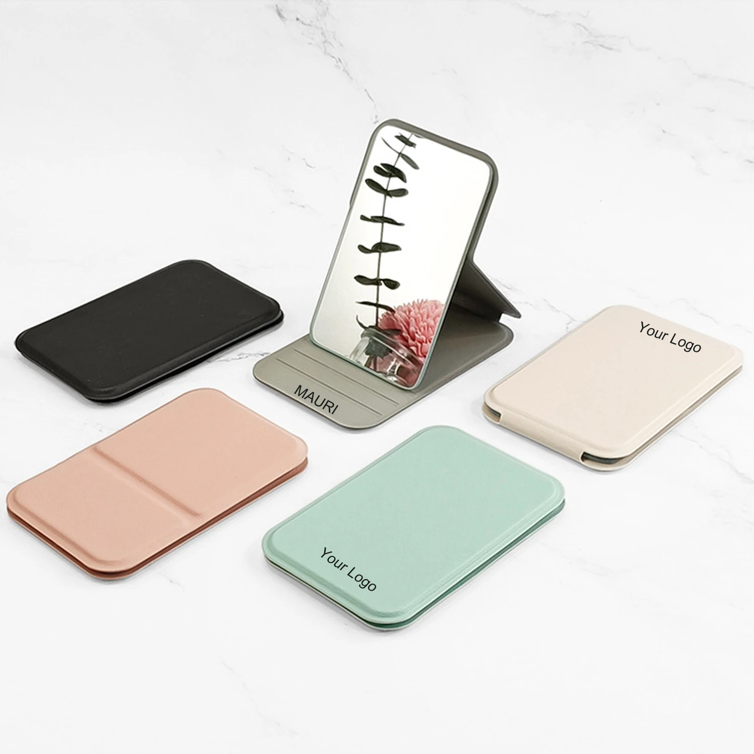 Mauri   High Quality Folding White Pu Leather Pocket Mirror Custom Logo Portable Standing Travel Pu Compact Mirror For Make up