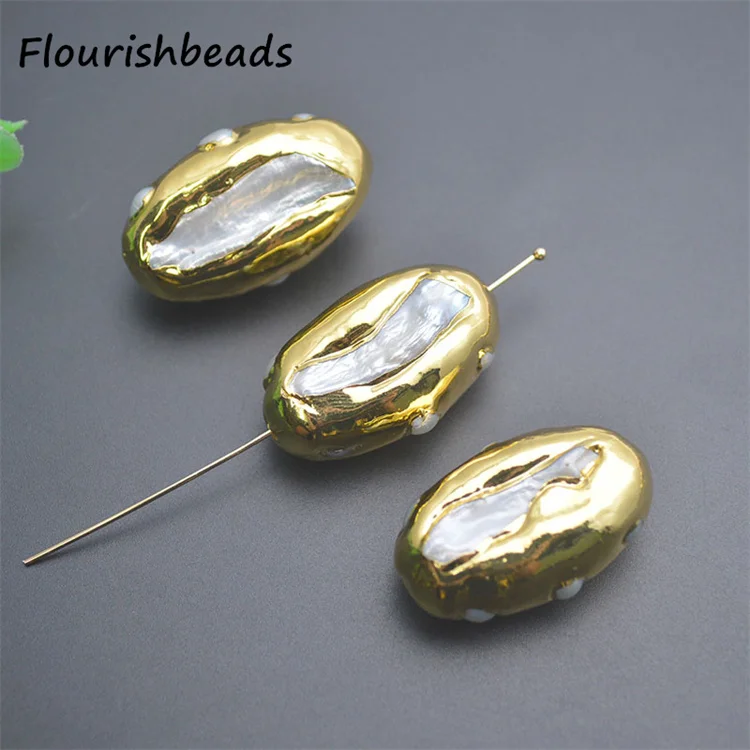 Wholesale  Gold Plated Long Oval Shape Natural Freshwater Pearl Loose Beads for DIY Jewelry Bracelet Necklace Making