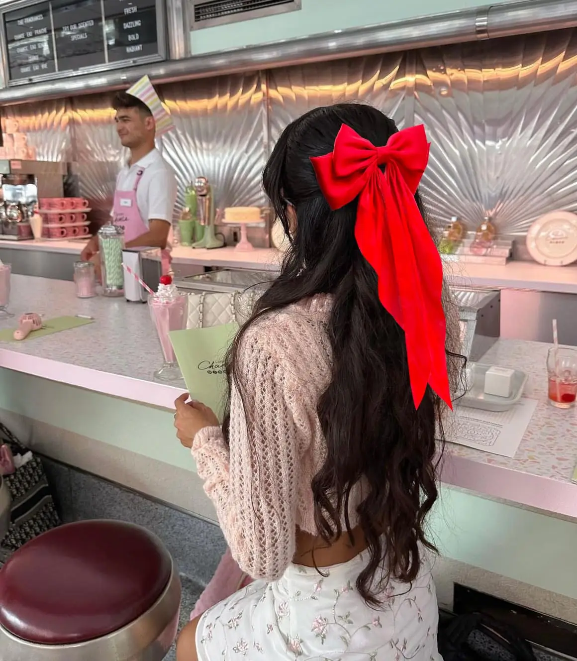 Satin Large Bow Large Bow Hairpin French Hair Clip with Long Silk Ribbon Bow