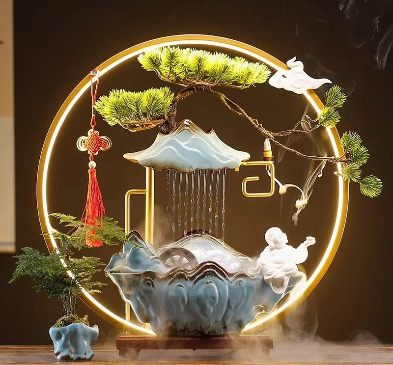 Tabletop Water Fountain, Indoor Waterfall with Round LED Light Ceramic Crane Mist Maker and Incense Holder for Home Office Decor