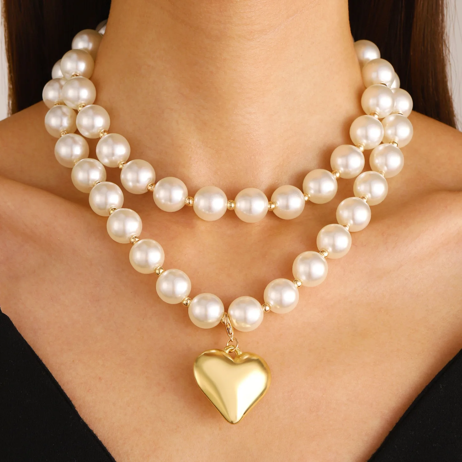 Gold Plated Double Layered Chunky Pearl Statement Necklace Jewelry Round Bead Big Heart Pendant Choker Necklace Sets Women