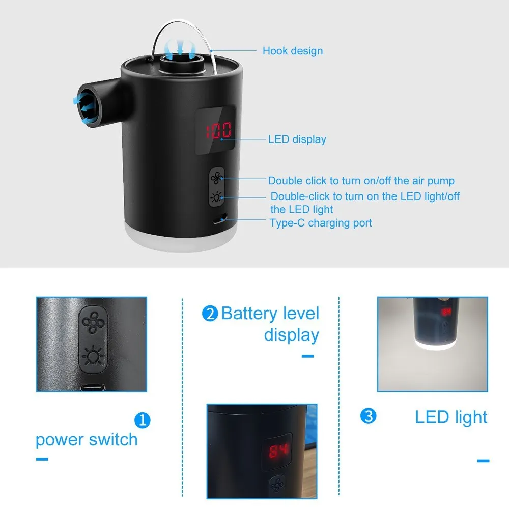 Portable Cordless Electric Compressor Inflation Deflation Pump LED Light Inflation Pool Air Mattress Bed Swimming Rings Air Pump