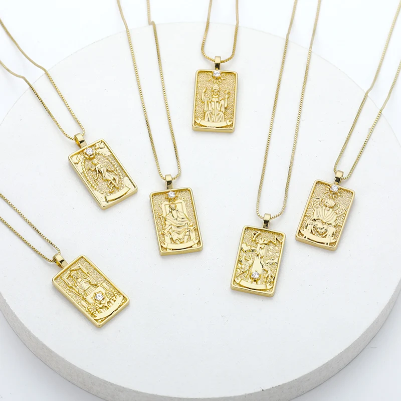 Gold Zircon Square 22 Major arcana First Set Card Necklace Hiphop Punk Choker Chain Sun Moon Star Pendant Tarot Cards Necklaces