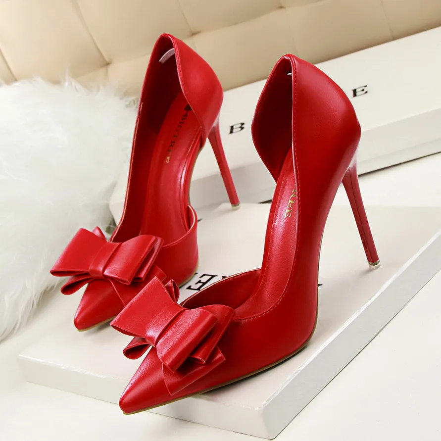 Korean fashion show style sweet bow ladies high heels stiletto pumps pumps pointed side hollow heels