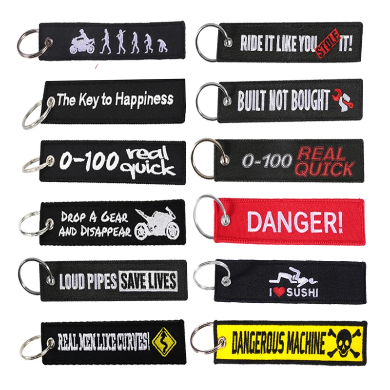 We offer a variety of motorcycle embroidered keychains featuring the Remove Before Flight tagline, and support customization.