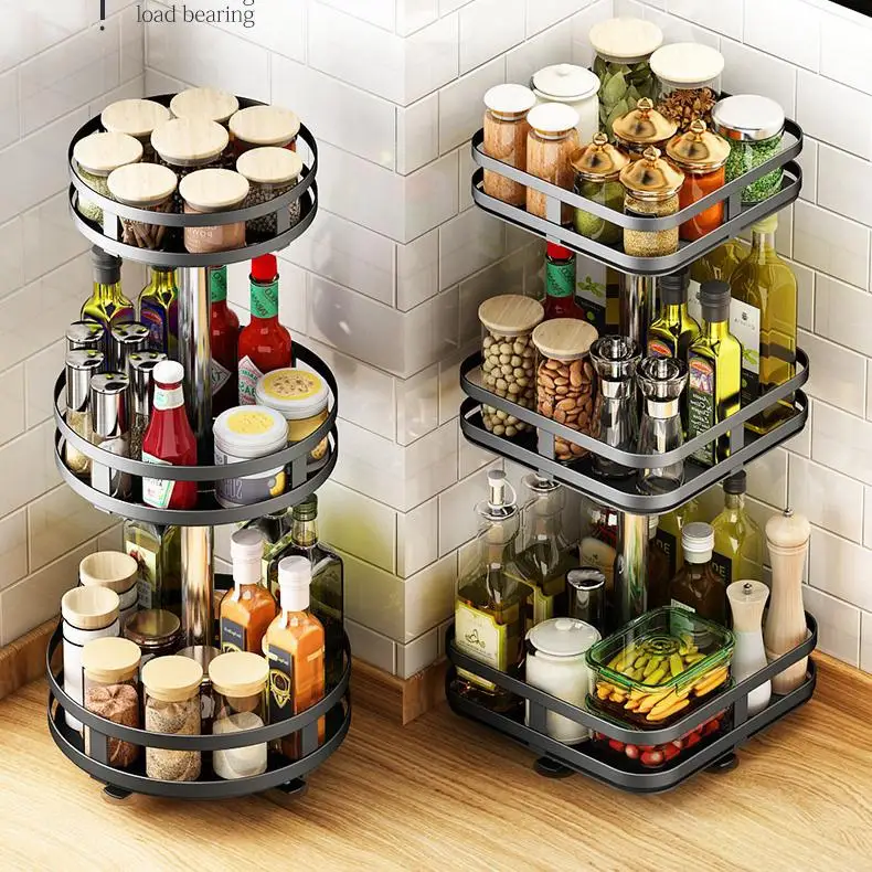 Square Round Rotating Storage Seasoning Spice Rack Shelf Tray Adjustable Height Standing for Cabinet and Kitchen Countertop