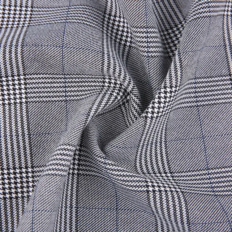 TRSP 210gsm woven 98 polyester 2 spandex stretch classics light grey tartan plaid fabric for dress or pants mens suiting