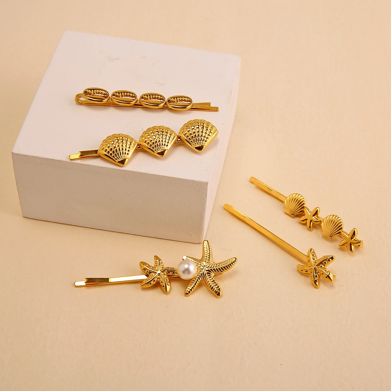 18K PVD Gold Plated Starfish Shell Hair Clips Hair Accessories Non Tarnish Stainless Steel Pearl Hair Clip For Women