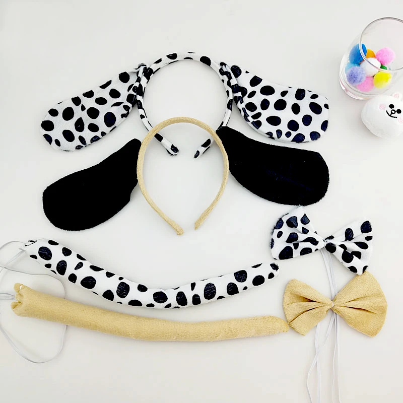 Kids Cute Cartoon Dalmatian Pug Ears Headband Bow Tie Tail Carnival Cosplay Party Dog Dress Up Props