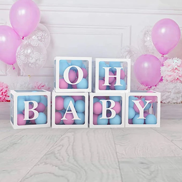 6pcs OH BABY Boxes Blocks Decoration Clear Boxes for Baby Shower Decorations Baby Boy and Girl Birthday Transparent Decor Boxes