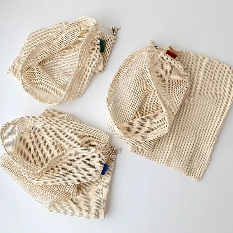 Custom Design Reusable Washable Vegetable Grocery Organic Cotton Net Mesh Fruit Packaging Shopping Drawstring Bag