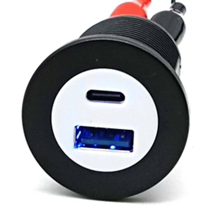 New Style 12V 24V 30W QC3.0 USB C Type C PD 45W Round white Ring Blue LED Dual USB Car Charger for Car Boat Marine laptop