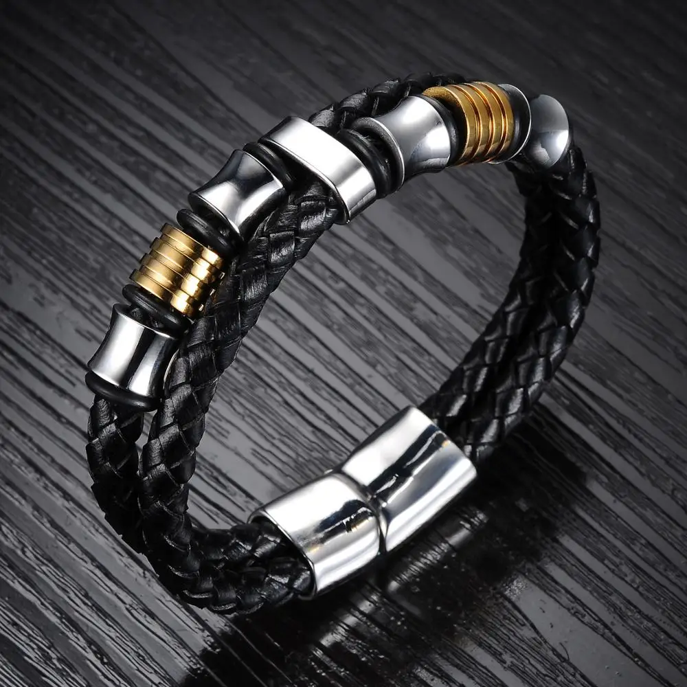 Latest Design Custom Leather Charm Bangle Adjustable Stainless Steel Bracelet For Men