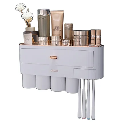 Toothbrush rack Toothbrush hanging wall type No hole rinse 4 cup wall hanging set Dental tray storage box wall hanging type