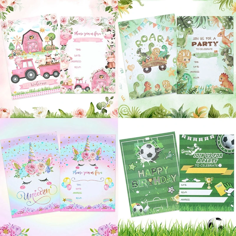Animals Football Dinosaurs Unicorn Theme Birthday Invitation Paper Card Cards Insert For Kid Birthday Decoration Menu Invitation