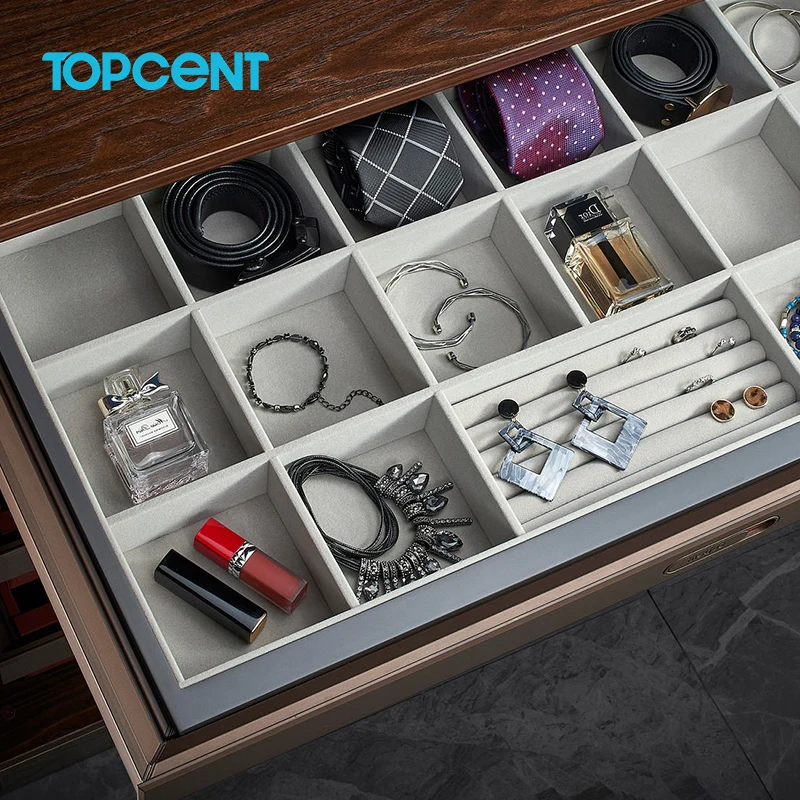 Оптовая продажа органайзер для хранения TOPCENT футляр аксессуары шкафа из серого бархата с мягким закрытием