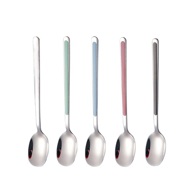 Food Grade Korean Long Handle Rice Spoon Stainless Steel Silverware Dessert Spoon For Coffee Tea Honey