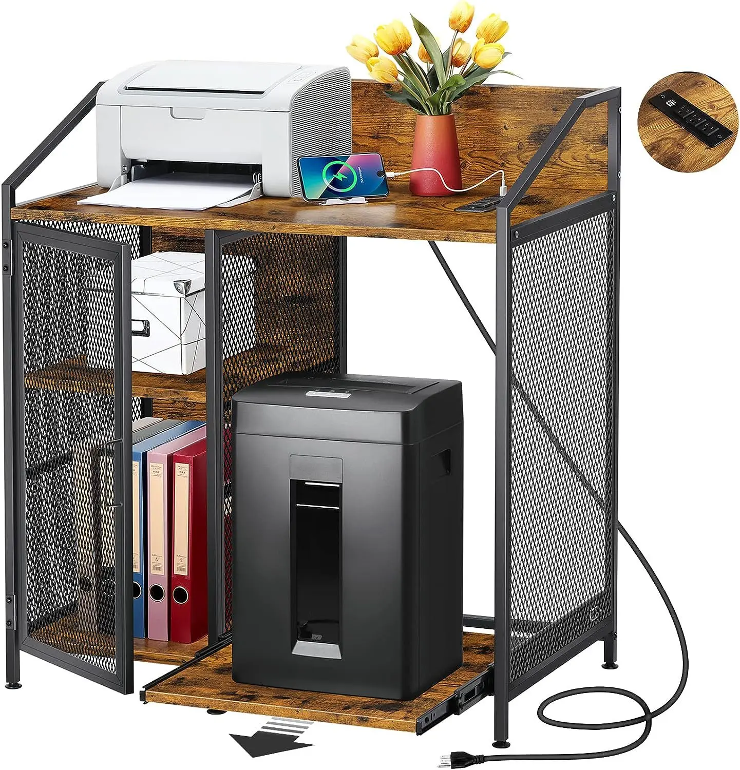 Modern Printer Stand and Paper Shredder Stand Rack 3-Tier Lateral Office Filing Cabinets with Socket and USB Charging Port