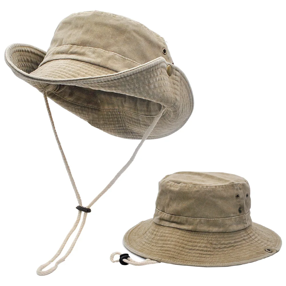 Custom Logo Fisherman Cap Washed Vintage Wide Brim Boonie Cap Cotton Fisherman Bucket Hat for Beach Fishing