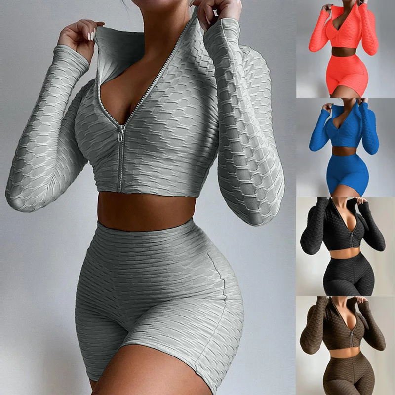 Stand Collar Crop Top Zip 2 Piece Set Breathable Push Up Women Sportswear Active Fitness Suit Yoga Set