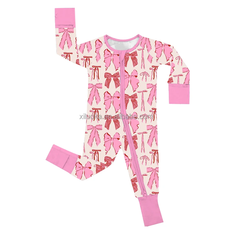 Custom Ribbons Bows Organic Bamboo Zippy Newborn Baby Romper Sleeper Kid Infant Pajamas Clothes