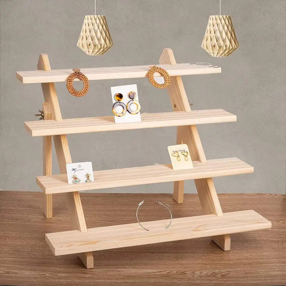 4-Tire Solid Wood Jewelry Storage Earrings Necklace Bracelet Ear Studs Display Board Holder Rack Stand