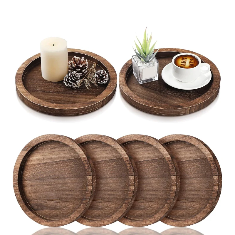 6 Pcs Farmhouse Wooden Tray Serving Round Tray Decorative Candle Holder Trays for Vintage Centerpiece Home Decor Coffee Table