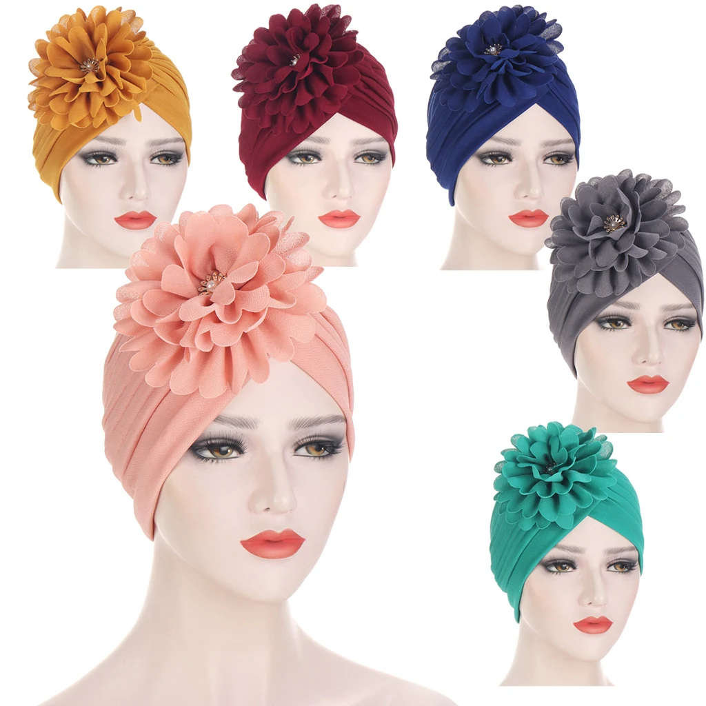 Wholesale Forehead big Flower Hat Women Turban Head Wrap Arab Muslim Beanie hijab Cap Indian Female Hair Bonnets Turban