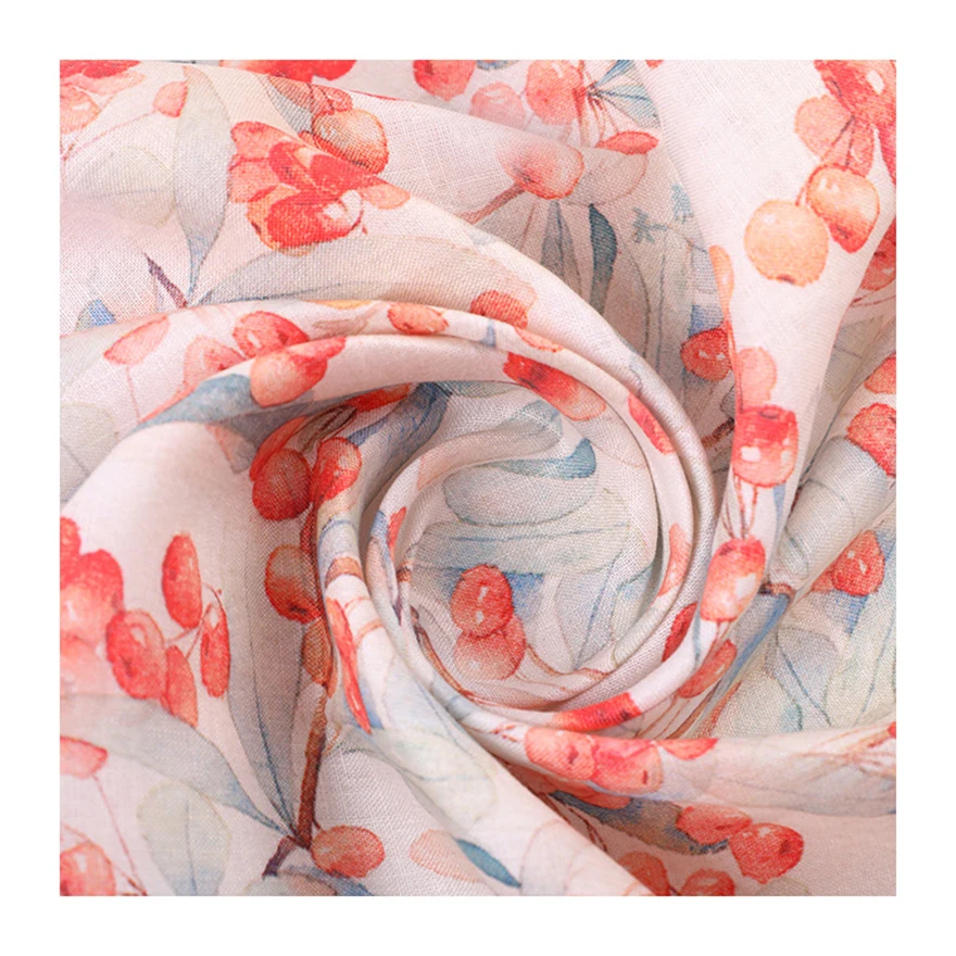 The factory outlet hand drawn watercolor texture pink fruit design custom digital 100% printed linen fabric for clothing