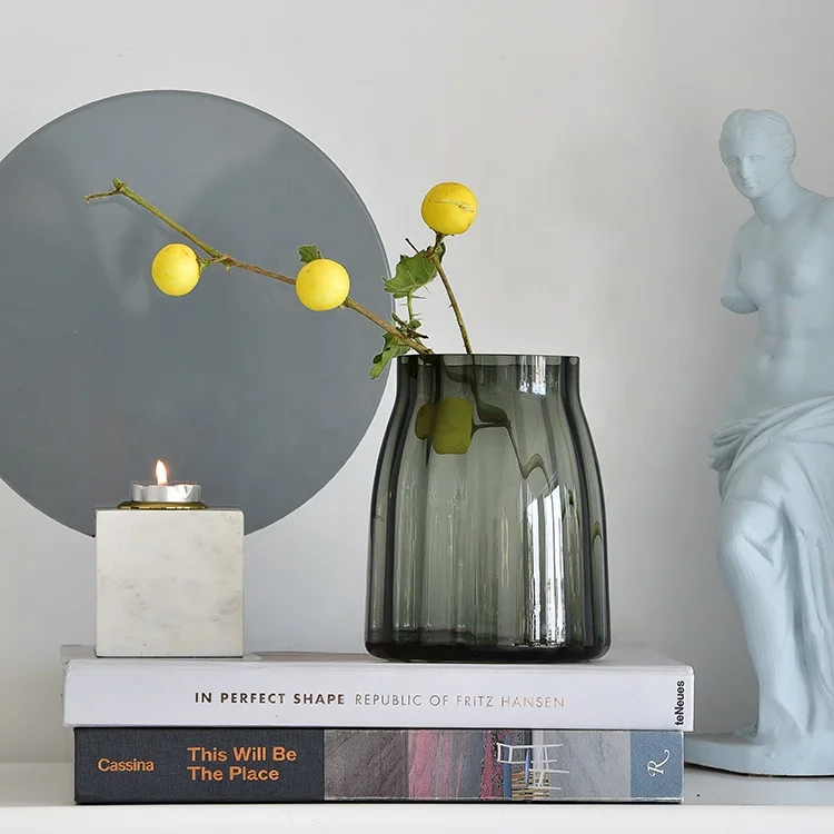 Bixuan Vases Grey Ribbed Handblown Glass Flower Arrangement Jar Vase Candleholder Table Decoration Centerpieces Accent Vases