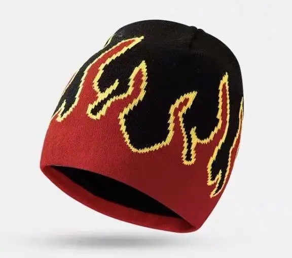 Fire Flame Pattern Beanie Knit Beanie Hat Y2K Skullies Slouchy Beanie