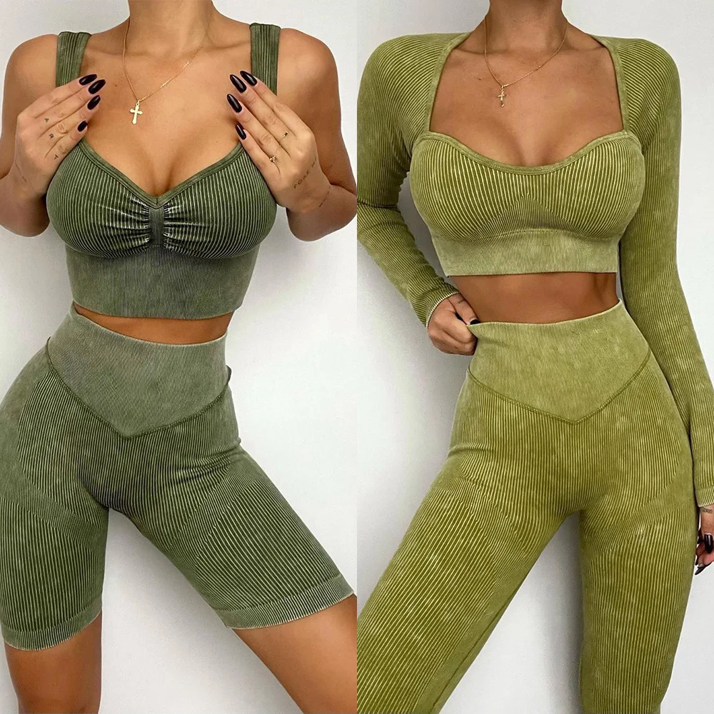 Latest Women Seamless Knitted Yoga Sets Sand Wash Workout Clothing Training Wear Gym Fitness Sets Activewear Custom LOGO