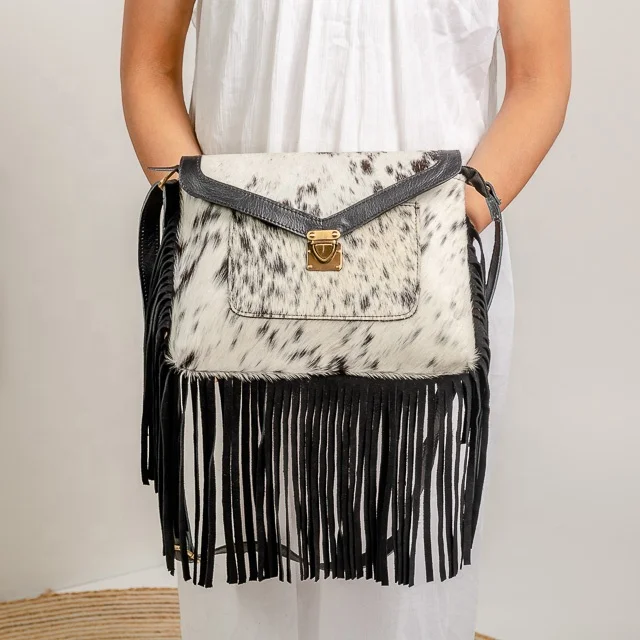 Hot Sale Cow Suede Fringe Bag Tassel Cowhide Cross Body Women Clutch Bag Handmade Black Colour