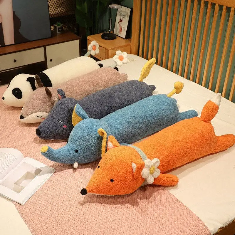 Stuffed PP Cotton Cute Cartoon Long Shaped Deer Fox Wolf Panda Elephant Plush Pillow Toys