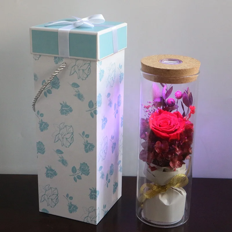 rainbow preserved rose flowers in glass wishing bottle with light in red colour single gift box wholesale for valentines