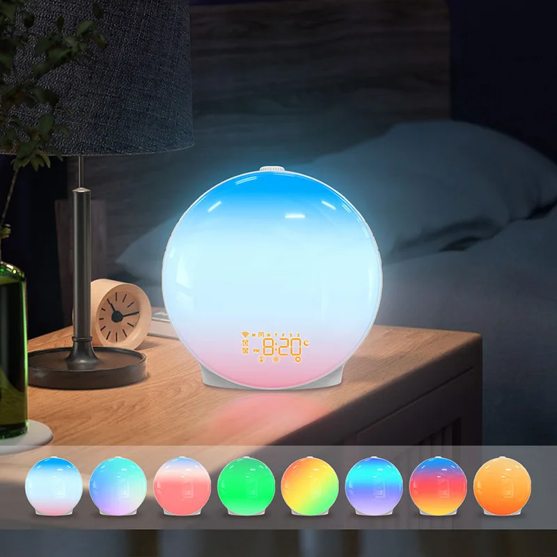 Colorful wake-up simulation sunrise sunset LED electronic alarm clock RGB atmosphere bedside light white noise