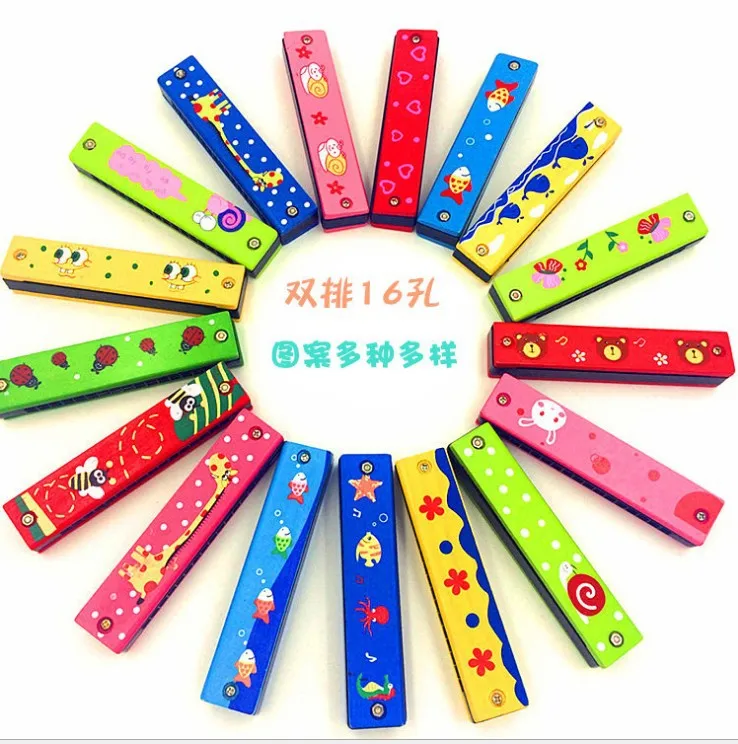 Copllent muti styles chose 13CM manufacturer small harmonica cartoon wooden early education music toy 16 hole