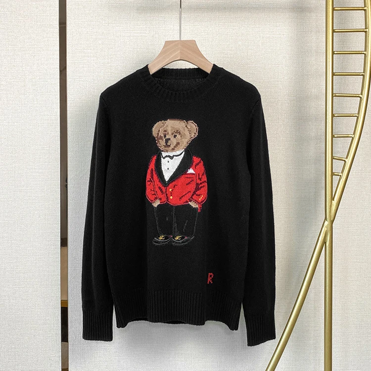 Women British Style Jacquard Knit Gentleman Bear Black Cashmere Sweater