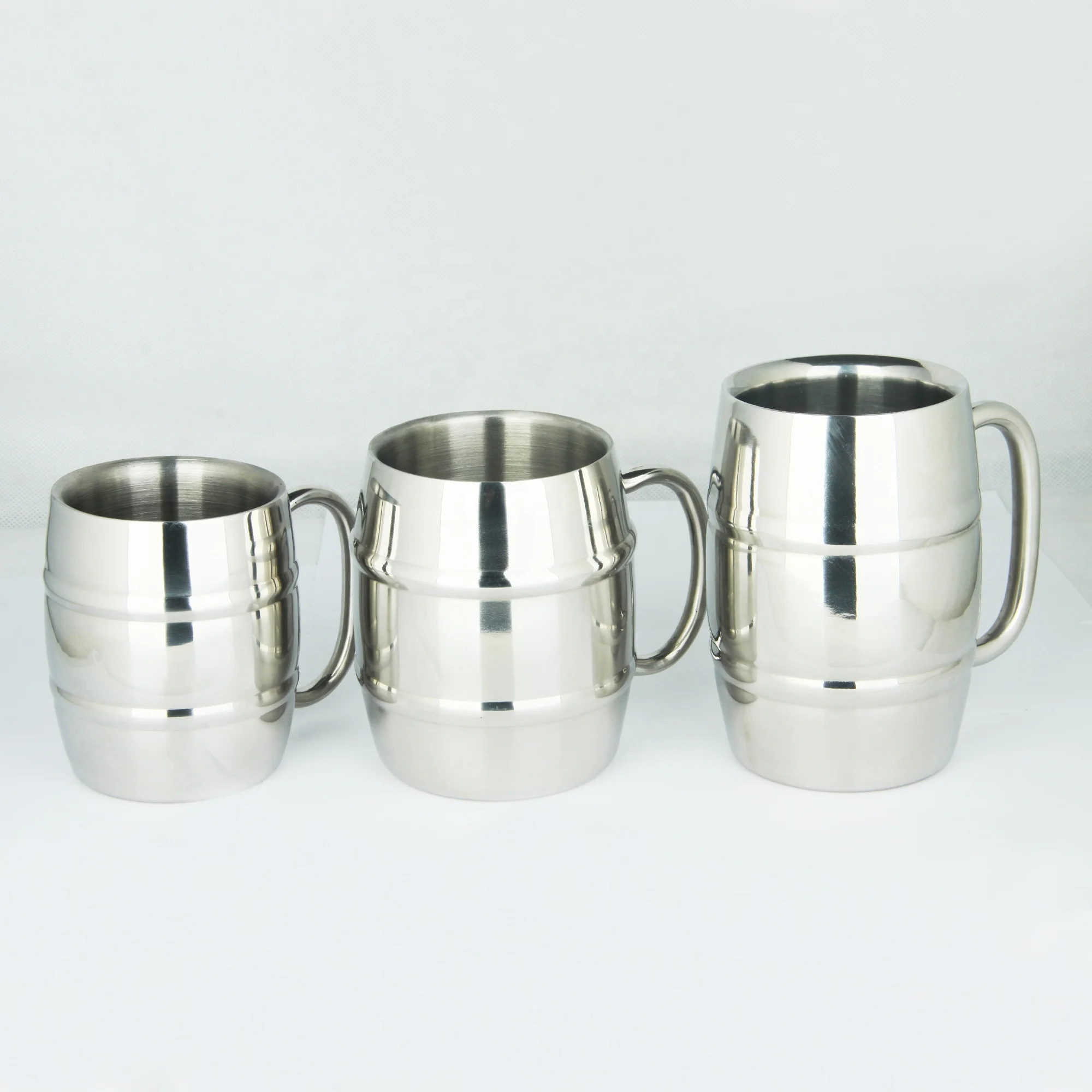 280ml/420ml/500ml double wall insulated stainless steel embossed beer mug Drum shape Coffee Cup Metal Cup With Special Handle