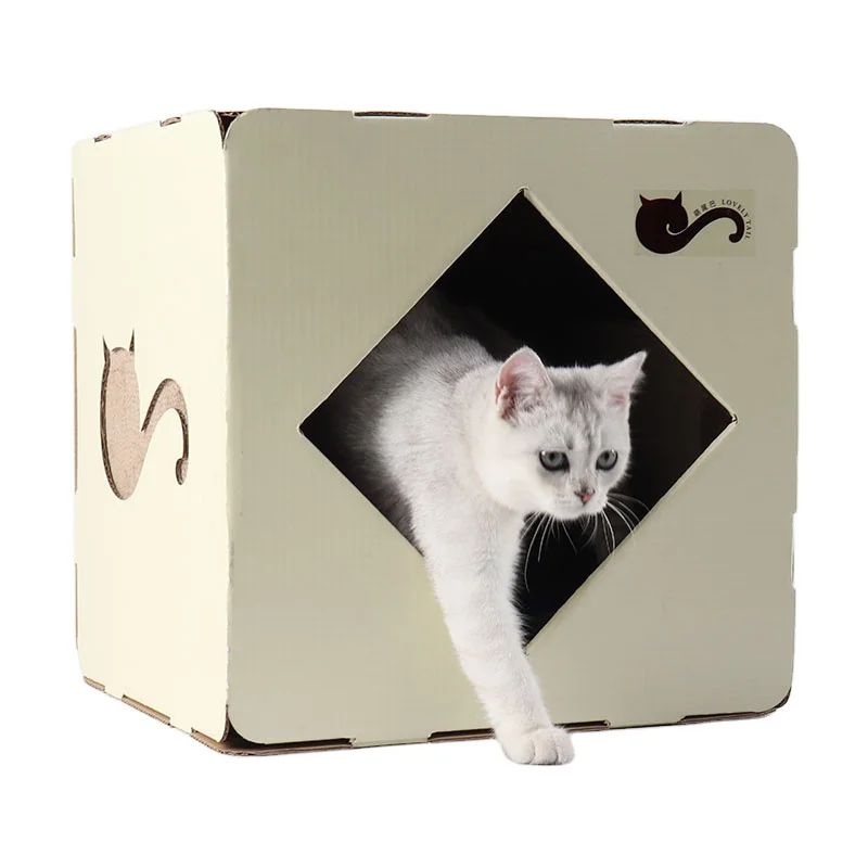 Hot Sale Recyclable Eco-friendly Corrugated Paper Fashionable Pet Supplies Custom Cube Cute Pet House Pet Bed Cattery Carton
