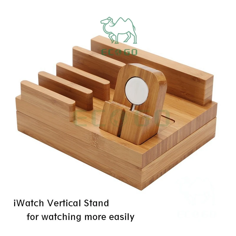Desktop Charging Organizer Bamboo iWatch Vertical Stand Desktop Cord Organizer for iPhone, MacBook Air, Phone Docking Station