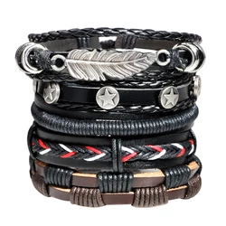 Wholesale  Custom DIY 6pcs Alloy Feather Leather Bracelet For Man