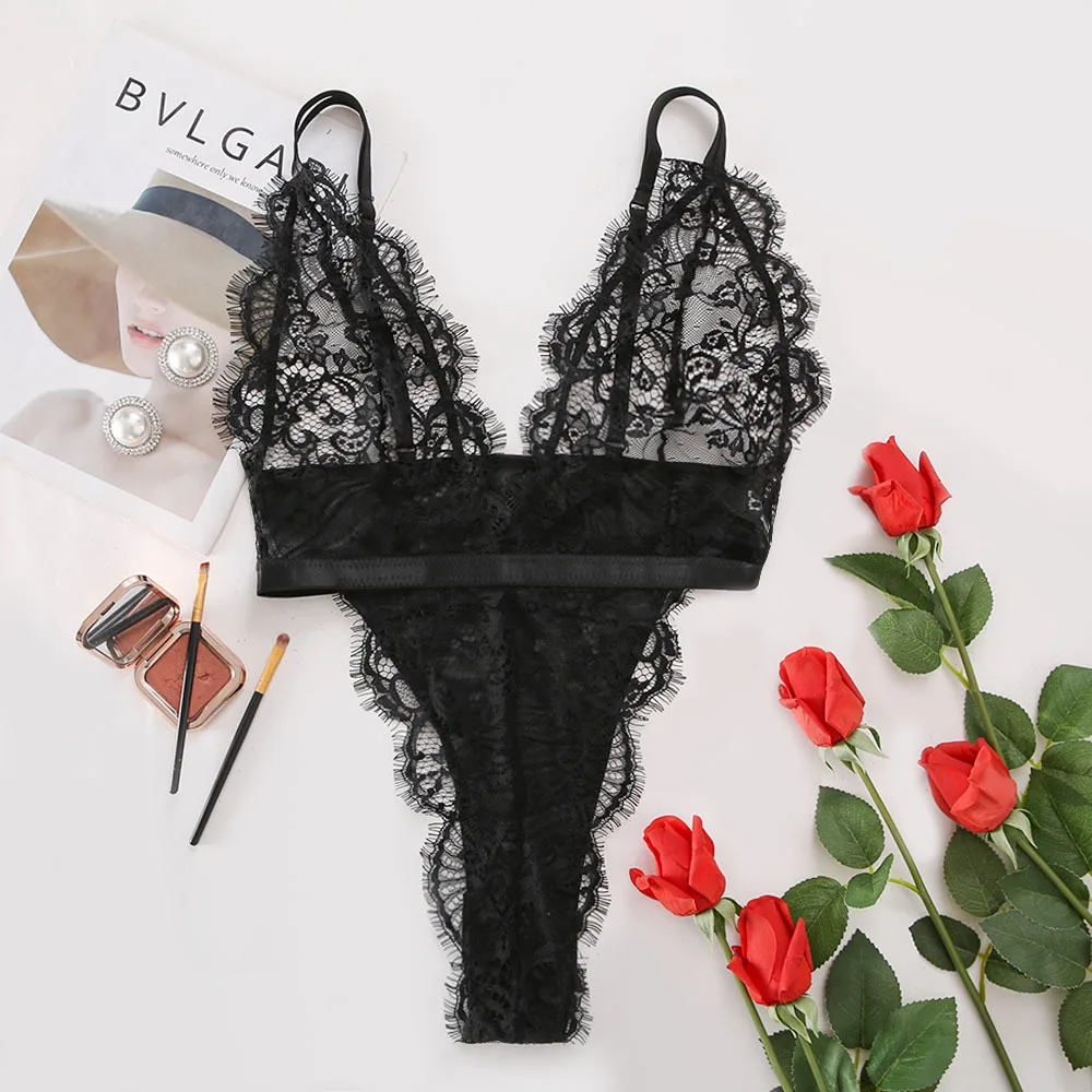 Sexy deep V lace perspective sexy underwear lingerie